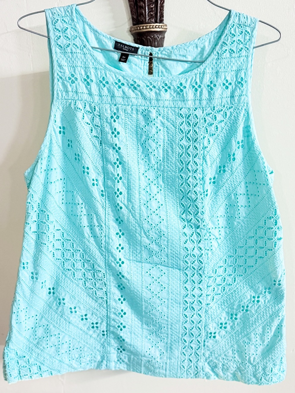 Talbots Petite Eyelet Tank Top 6P Aqua Blue 100% Cotton Sleeveless Summer Blouse